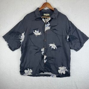 Tommy Bahama Men's Silk Hawaiian Shirt Large Gray Floral Short Sleeve Button Up